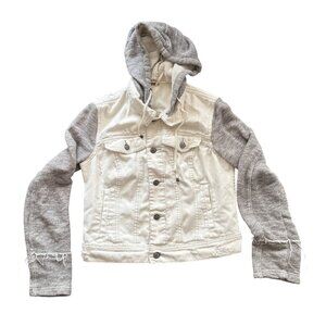 Free People Womens Cropped White Denim Jacket With Gray Knit Sleeves & Hood Butt